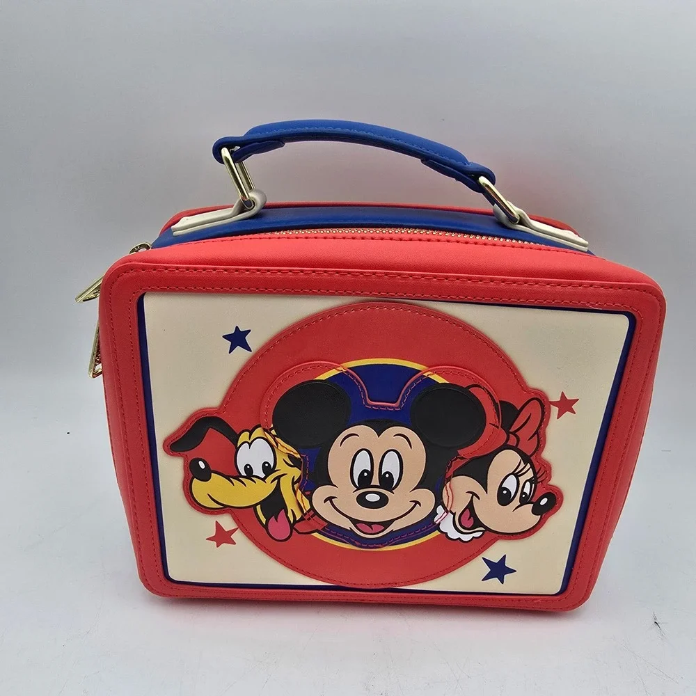 Loungefly Disney Mickey Minnie Pluto Lunch Box Crossbody Bag Red Blue Strap
